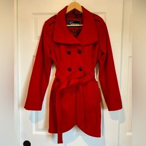 Guess Women's Vibrant Red Wool Double-Breasted Pea Coat Belted Vintage Y2K